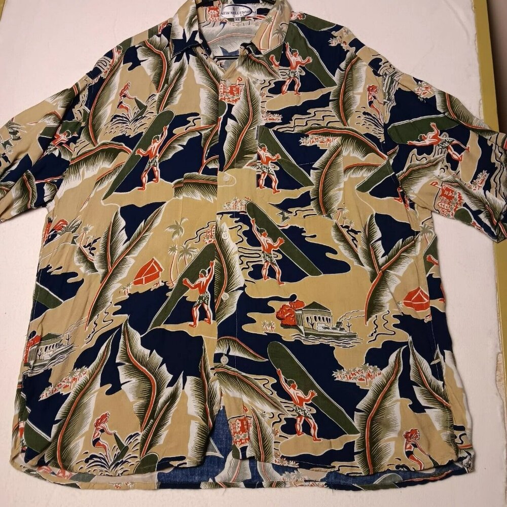 New Millennium Mens Hawaiian Shirt Short Sleeve XL  Green,Gold, Surfer,Rayon